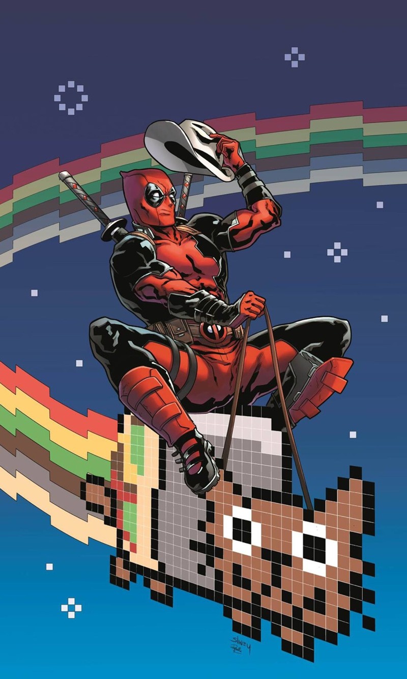 Deadpool on a skateboard with a rainbow in the background (anime, funny)