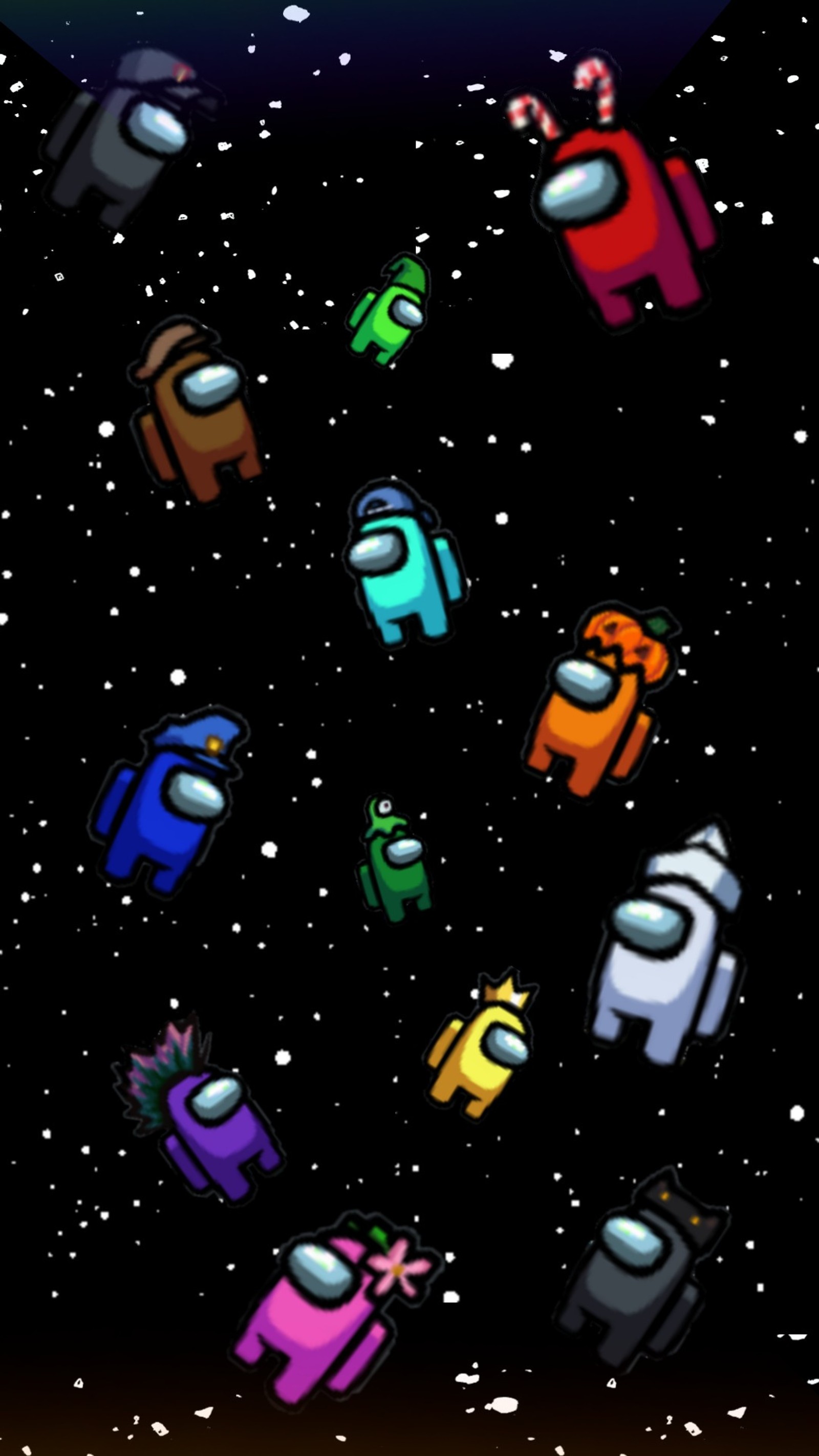 Un grupo de pequeños robots vuela por el espacio (among us, tema, fondo de pantalla)