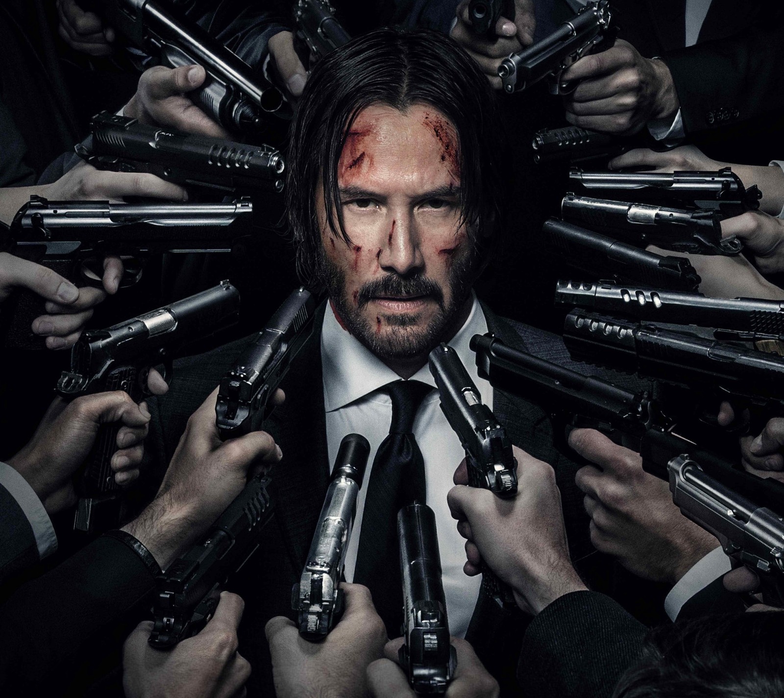 Bearbeitetes bild eines mannes, umgeben von händen mit waffen (john wick, john wick 2)