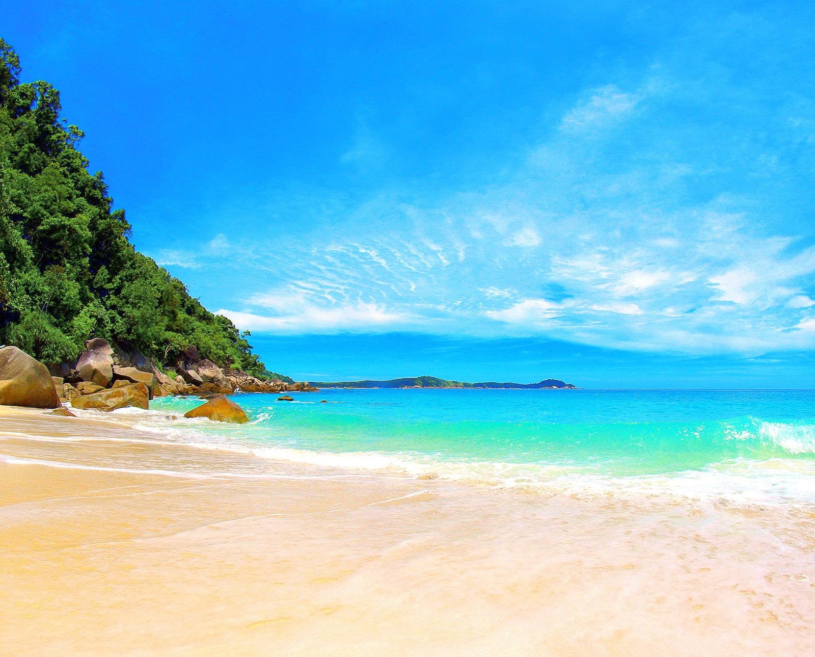 Une vue aérienne d'une plage avec un ciel bleu clair et quelques arbres (incroyable, ciel bleu, plage de rêve)