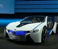 Coche conceptual futurista BMW i8 con diseño elegante y acentos azules