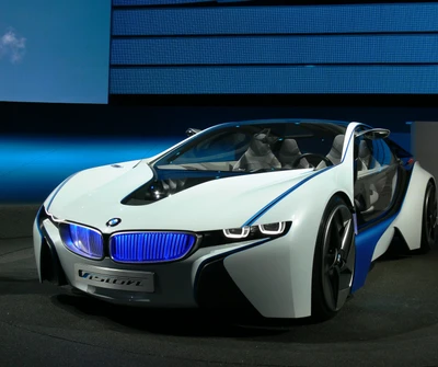 Futuristic BMW i8 Concept Car with Sleek Design and Blue Accents