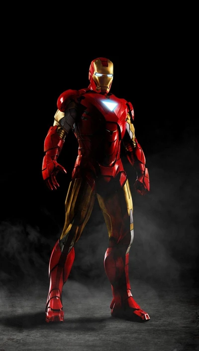 Iron Man en una pose dinámica, mostrando su icónica armadura roja y dorada contra un fondo oscuro.