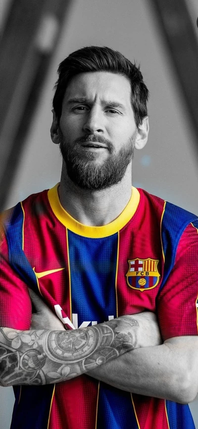 Lionel Messi en la icónica camiseta roja y azul del FC Barcelona, capturado en un impactante retrato en blanco y negro.