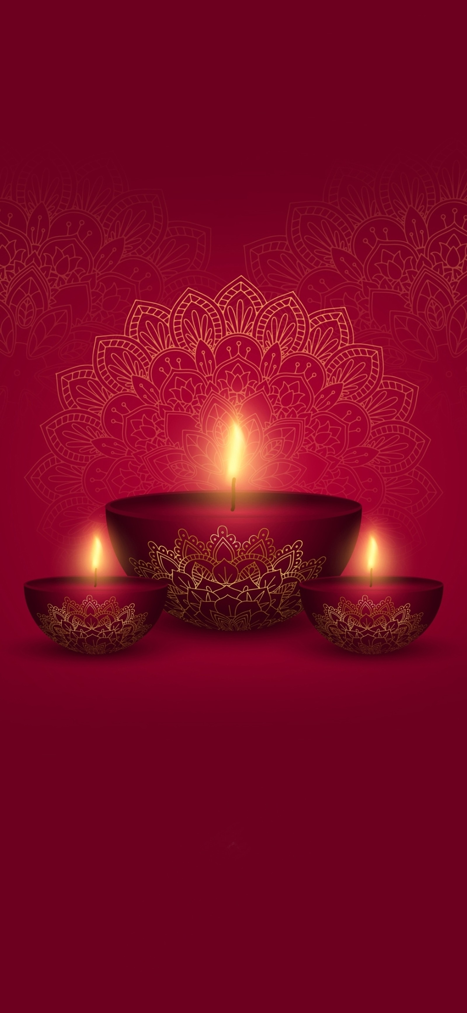 A red background with three candles and a floral design (diwali, festival, greetings, happy, light)