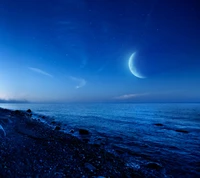 Plage au clair de lune au crépuscule avec des galets et des pierres