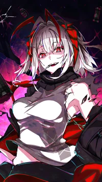 Vibrant Anime Girl with Striking Red Accents in a Dark, Abstract Setting