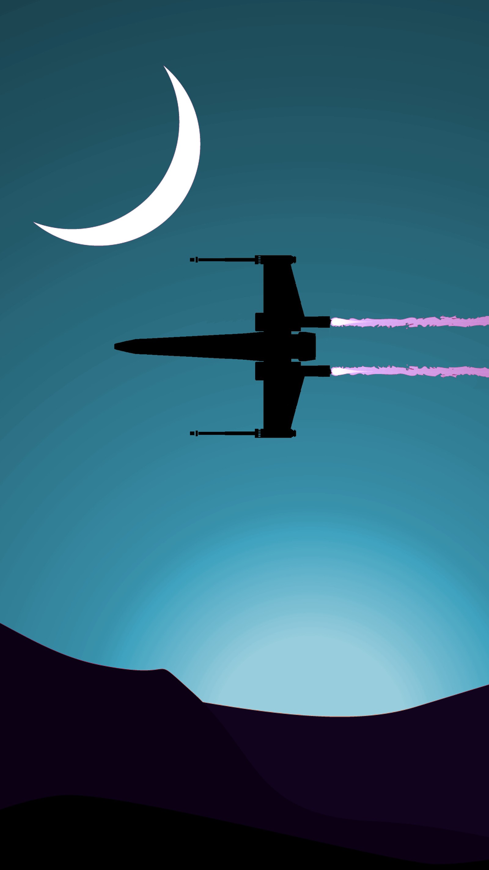 There is a jet flying in the sky with a crescent in the background (star, starwars, wars)