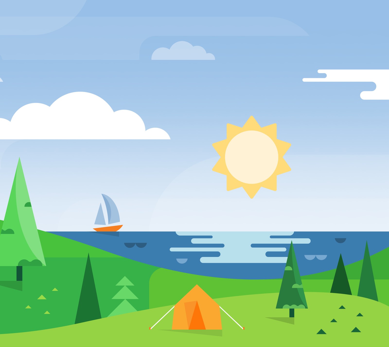 Illustration of a tent and a sailboat in a green field (google now, landscape, material)