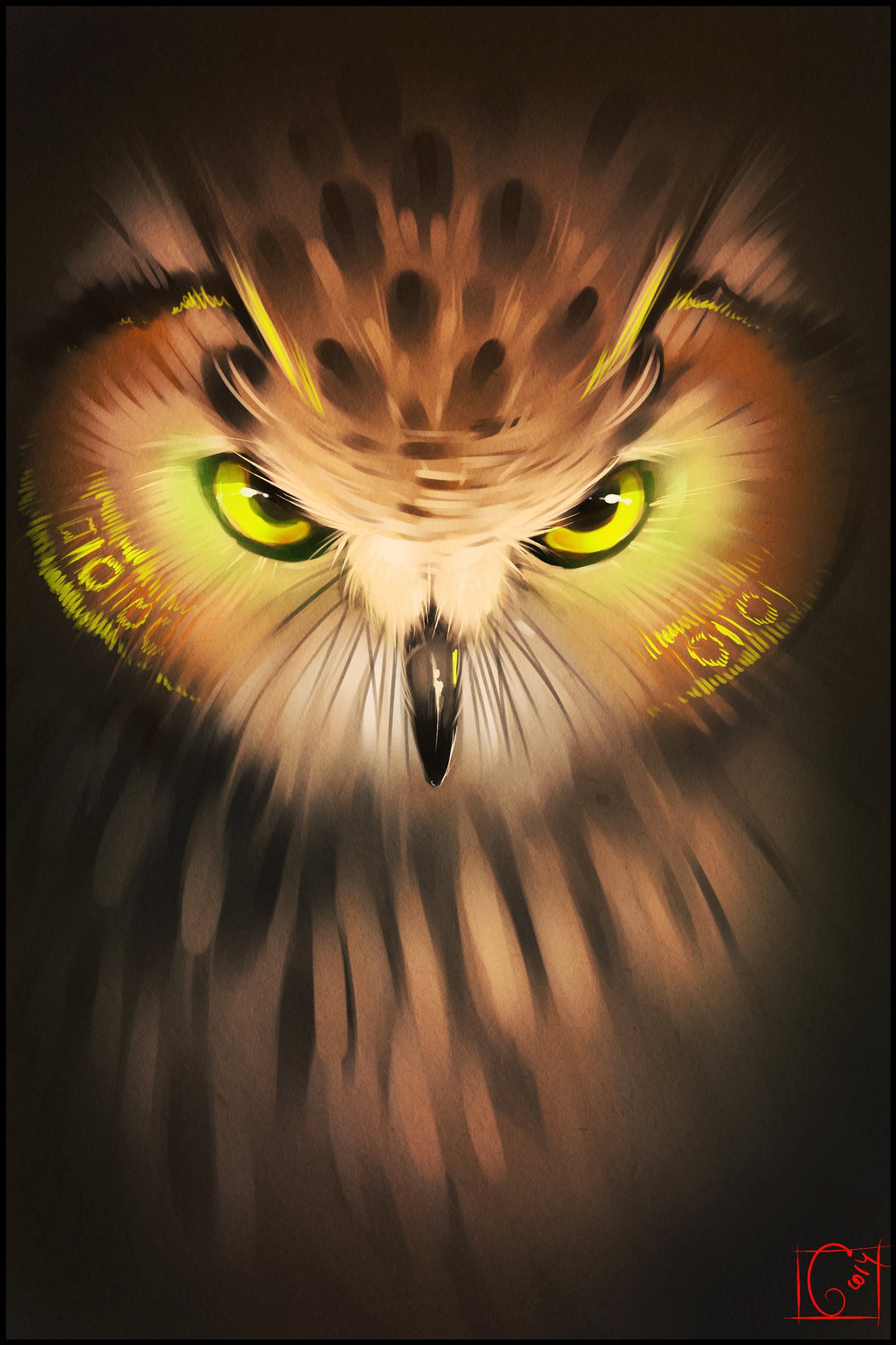 There is a picture of an owl with yellow eyes (bird, bolt, lie, name, owl)