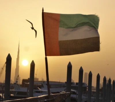 Sunset over Dubai: UAE Flag and Khalifa Tower with a Bird in Flight