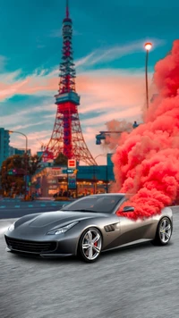 Vibrant Smoke and Urban Life: A Car in the City