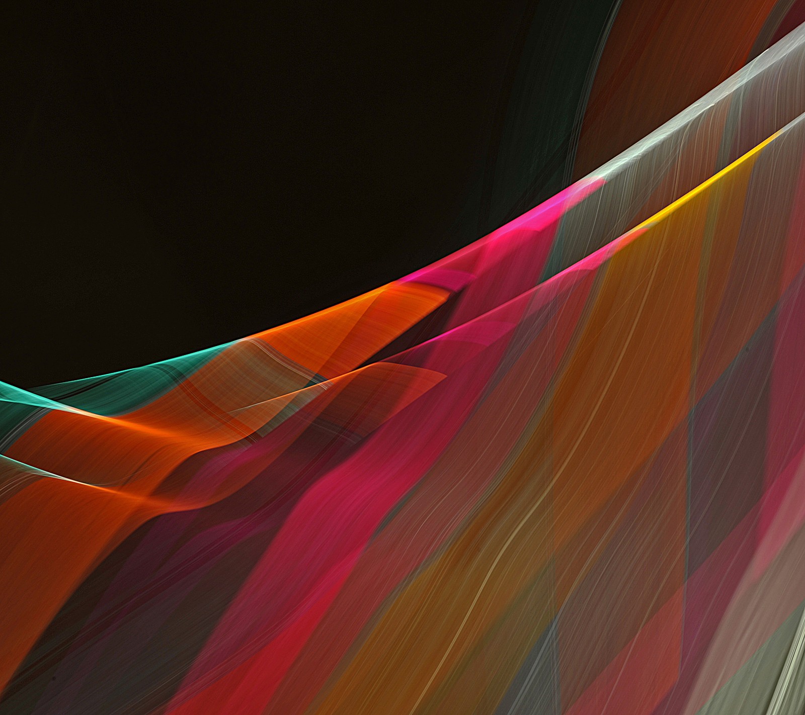 Brightly colored fabric is blowing in the wind on a black background (abstract, line, wave)