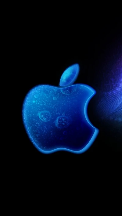 Logo de Apple iluminado en azul contra un fondo oscuro