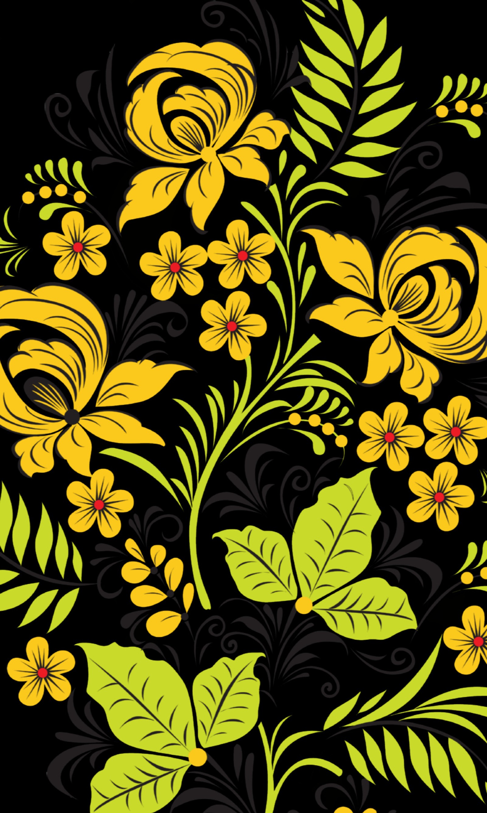 Un diseño floral negro y amarillo con hojas e flores verdes (abstracto, flores, ornamentos, amarillo)