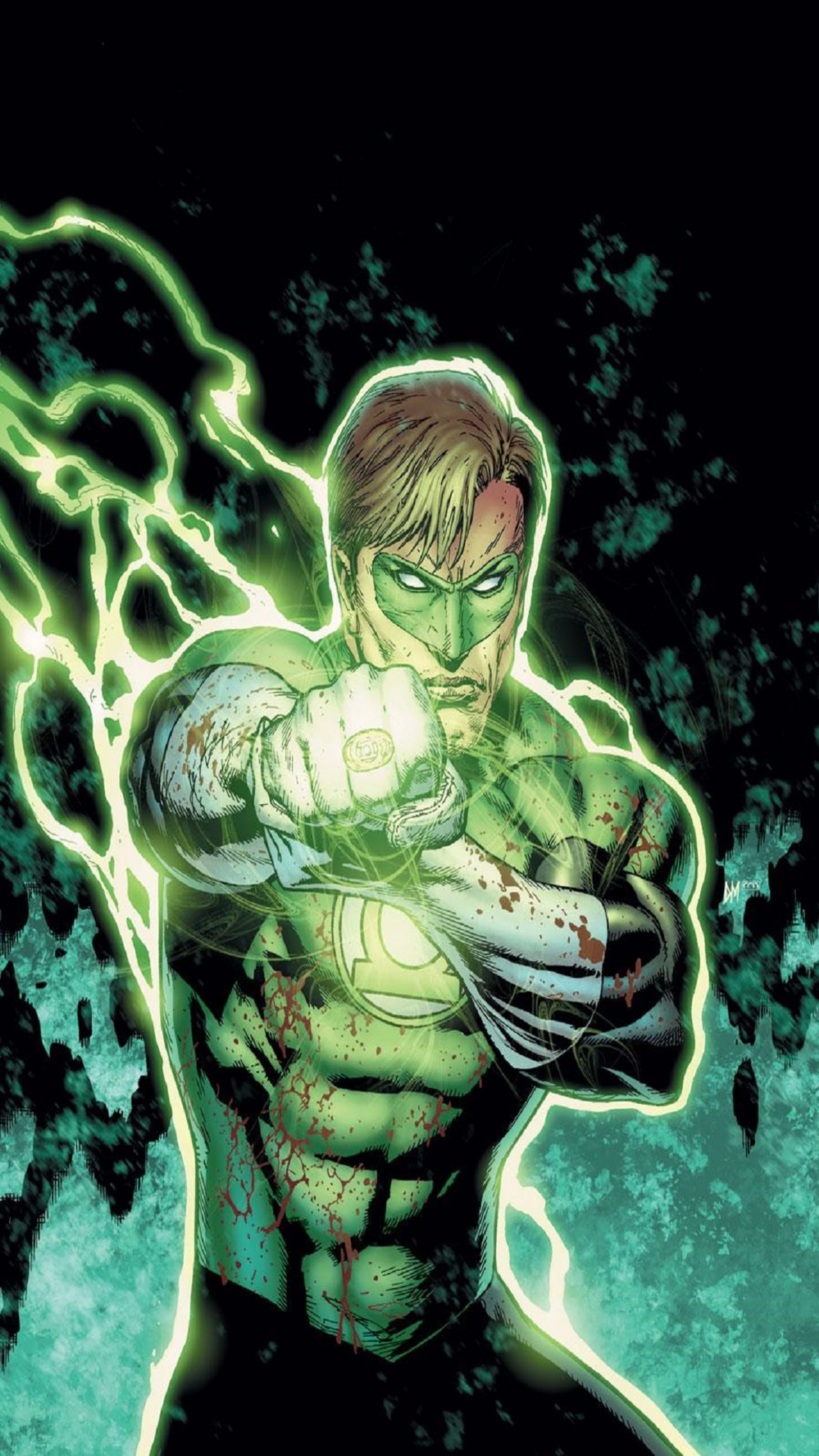 A close up of a man with a green lantern on his arm (green lantern, hal jordan, jla)