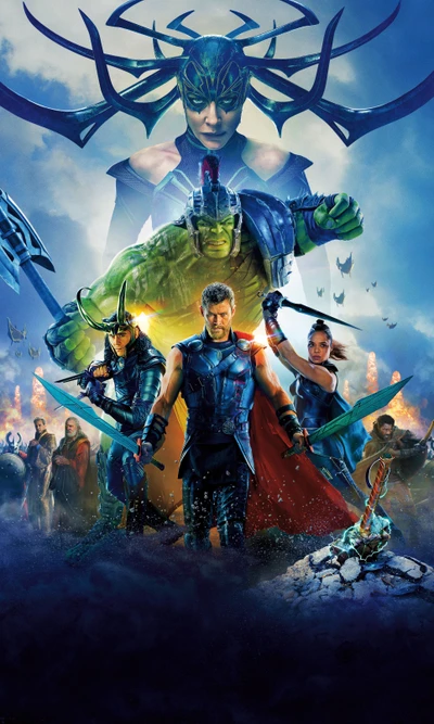 Pôster do filme Thor: Ragnarok com Thor, Hulk, Hela e Loki