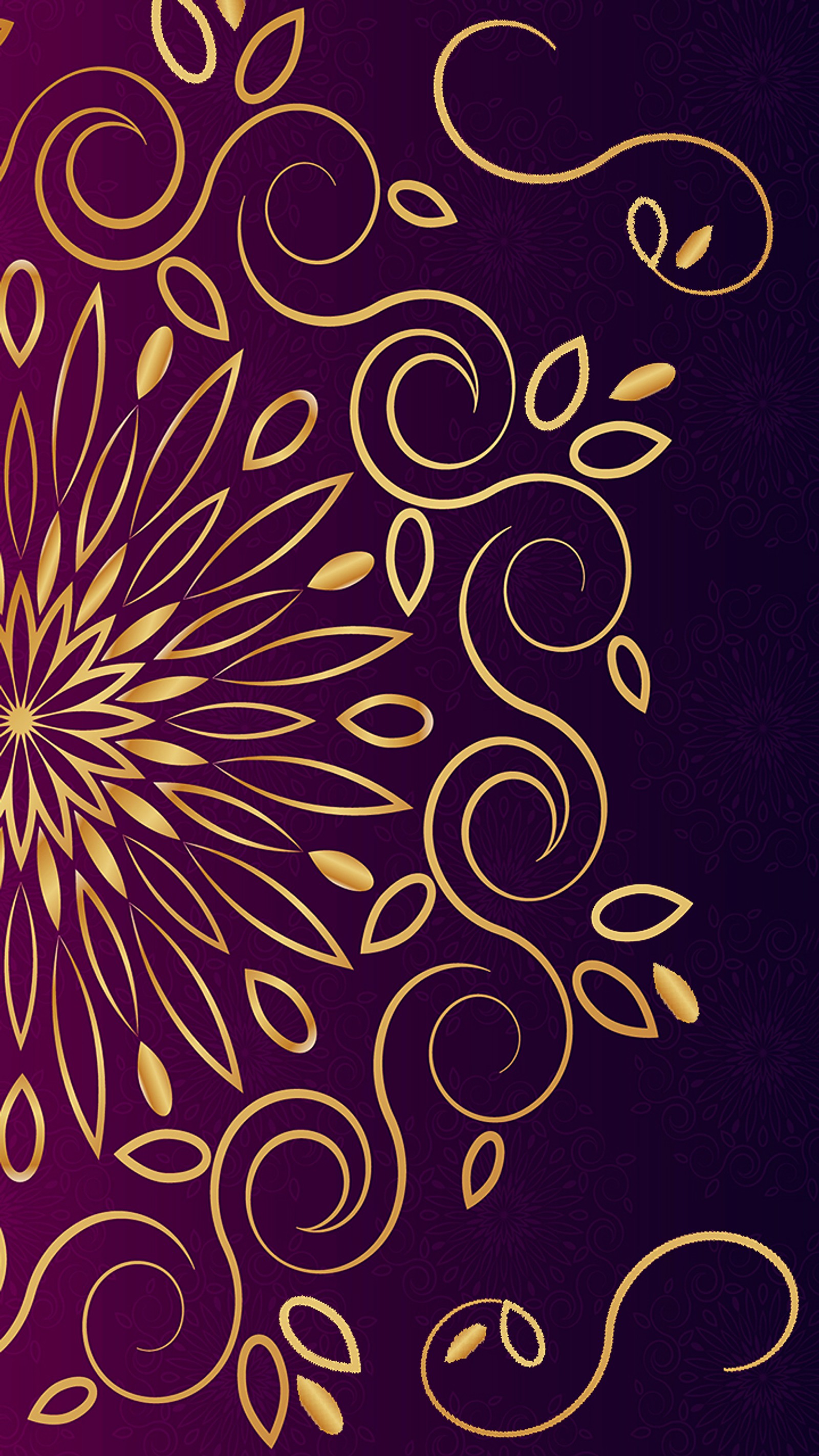 A close up of a gold and purple background with a circular design (abstract, arabic, art, decoration, floral)