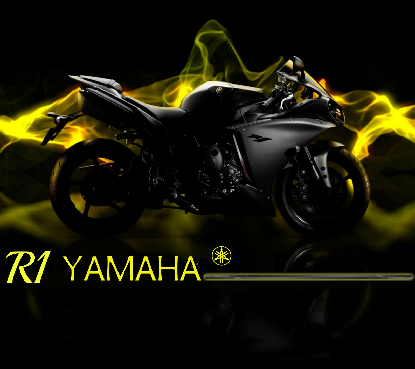 Un primer plano de una motocicleta con llamas sobre un fondo negro (negro, oscuro, r1, superbike, yamaha)