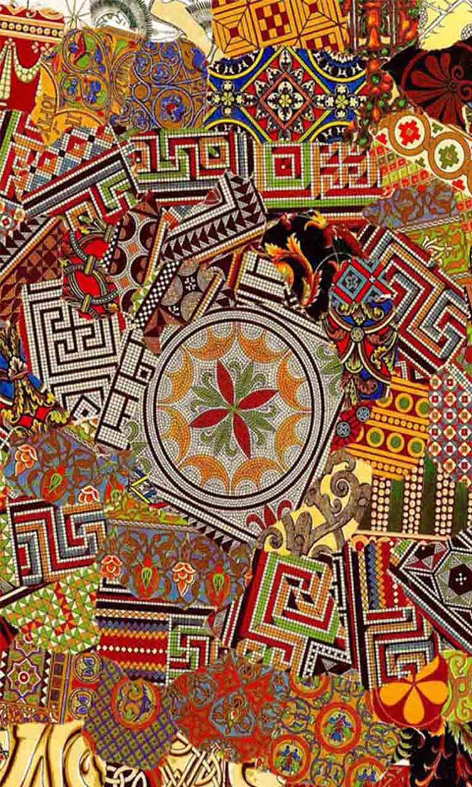 A close up of a large colorful patchwork quilt with a circular design (collage, design)