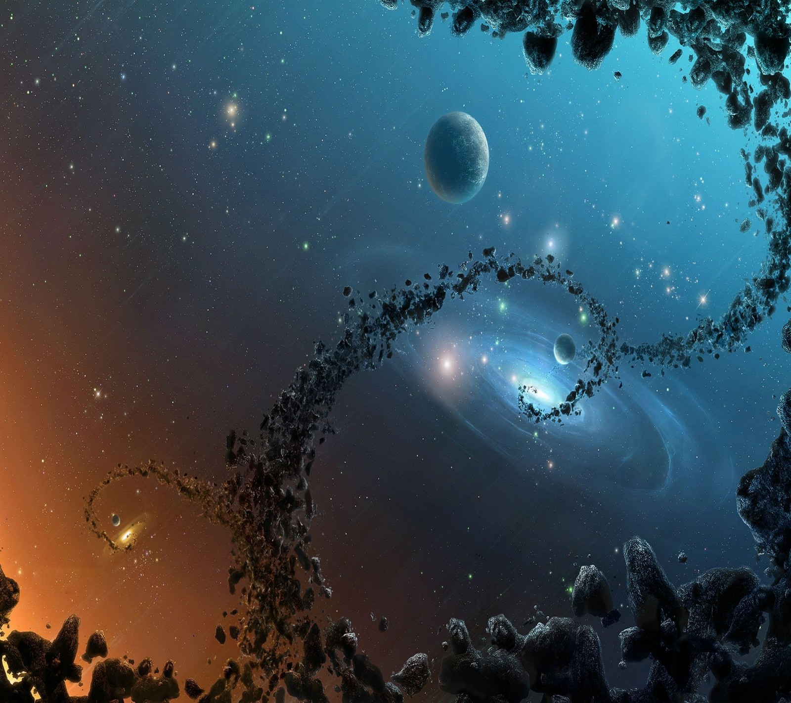 A close up of a spiral of rocks and planets in the sky (2013, 3d, abstract, beautiful, colorful)