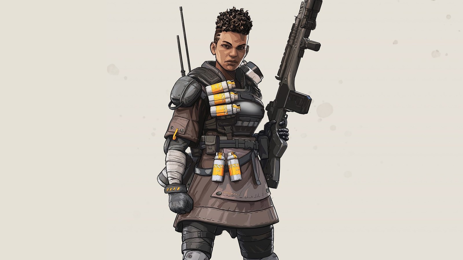 Un primer plano de una persona con una pistola y un rifle (apex legends, videojuego, bangalore)