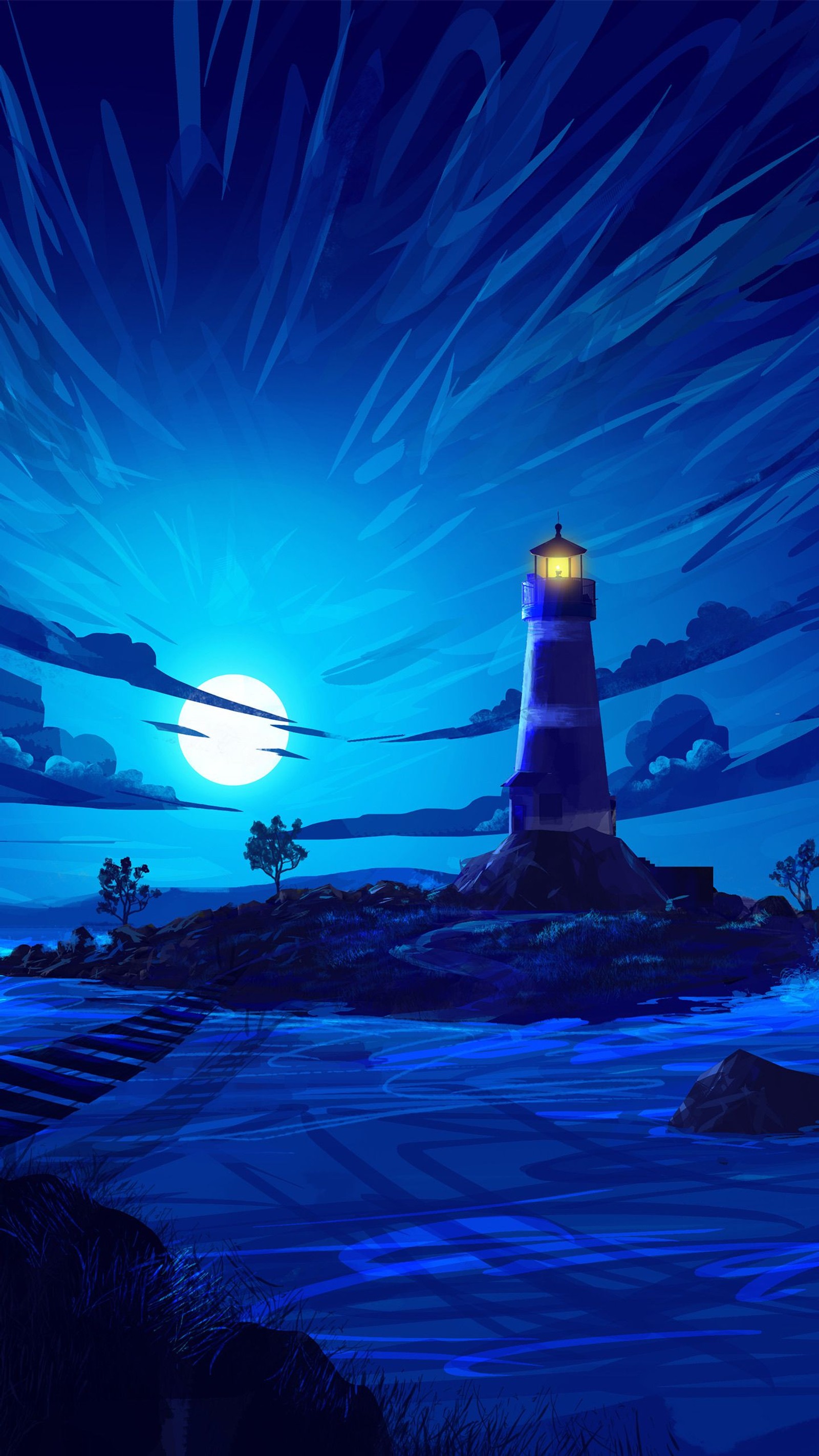 Pintura de un faro en una pequeña isla con una luna llena de fondo (arte digital, arte, ilustración, dibujo, gráficos)