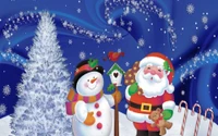 Festive Scene with Santa Claus, Snowman, and Christmas Tree in a Winter Wonderland