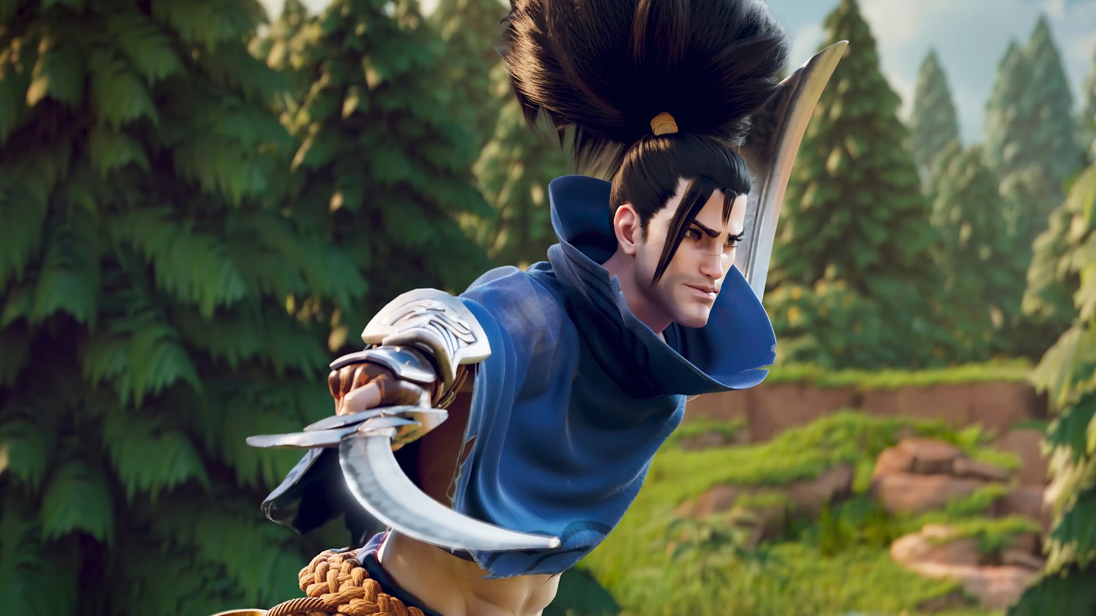 Un primer plano de una persona con una espada en un campo (yasuo, league of legends wild rift, lol wild rift, league of legends, lol)