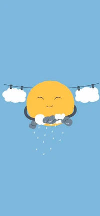 A cheerful sun character playfully washing itself with a sponge, surrounded by fluffy clouds against a blue sky.