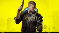 Um músico dinâmico em uma jaqueta futurista segura uma arma contra um fundo amarelo vibrante, incorporando a essência de "Cyberpunk 2077" e a emoção dos jogos de mundo aberto.