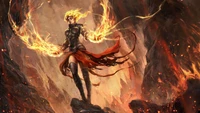 Fiery Warrior Wielding Magic in a Fantasy Realm