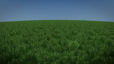 Uma vasta pradaria verde em um cenário de Minecraft, apresentando um único creeper em meio a uma vegetação densa sob um céu azul claro.