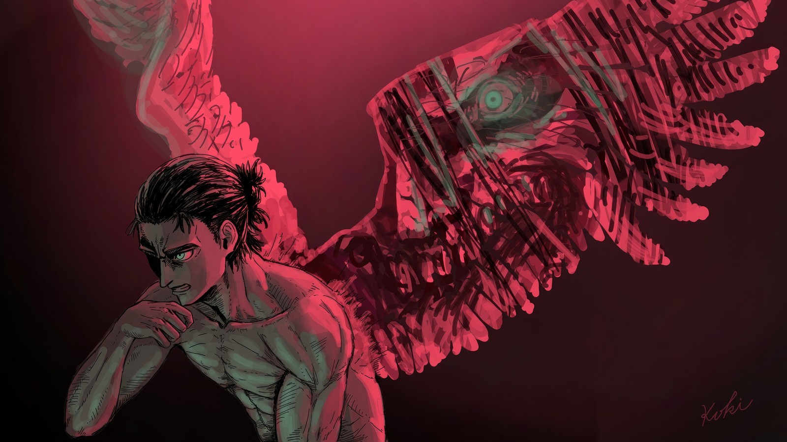 Un gros plan d'une personne avec un oiseau sur la tête (lattaque des titans, attack on titan, anime, shingeki no kyojin, aot)