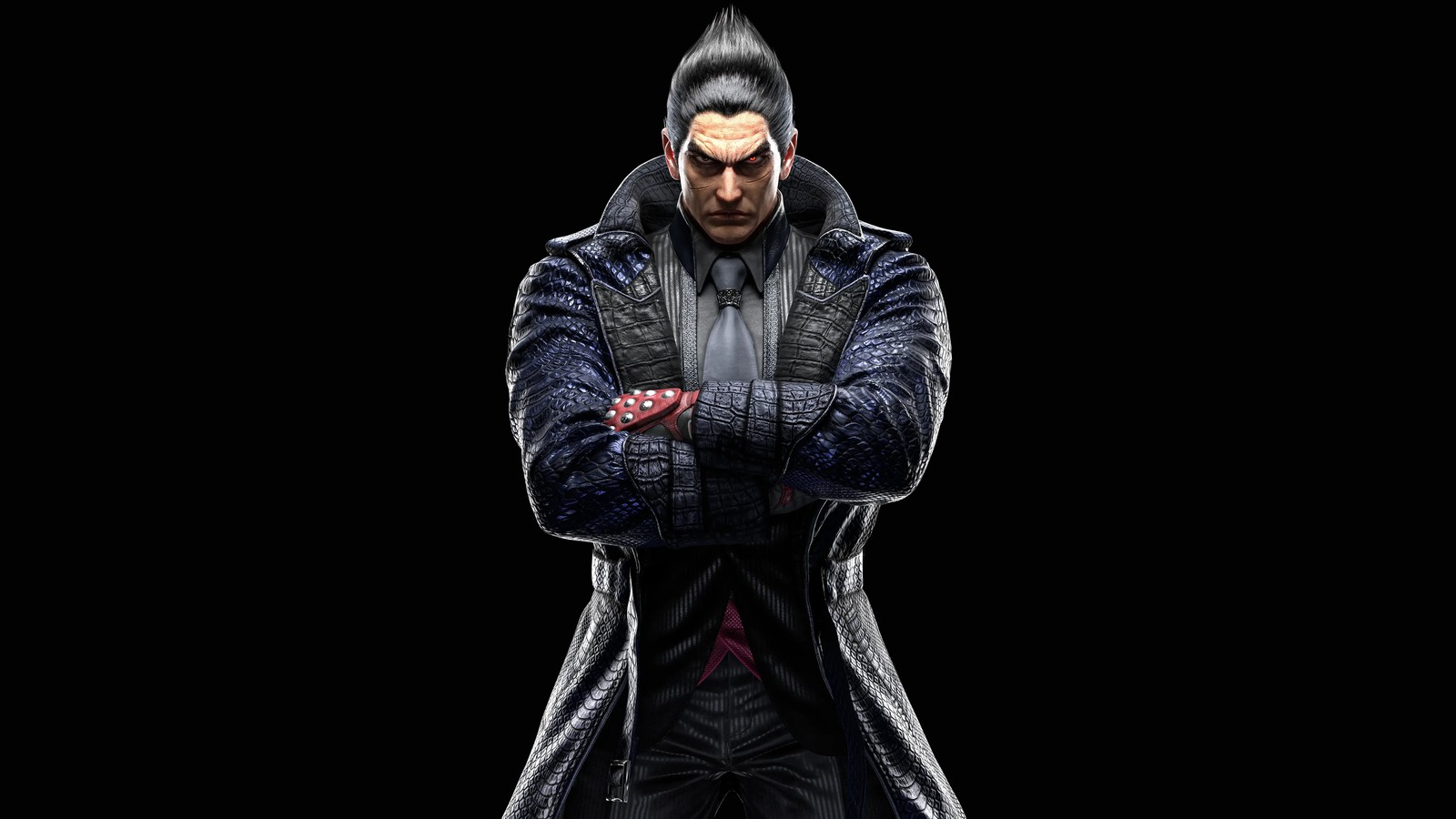 Um homem com um casaco preto e luvas vermelhas em pé com os braços cruzados (kazuya mishima, tekken 8, 5k, amoled, fundo preto)