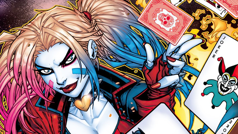 Крупный план женщины с лицом клоуна и картой (harley quinn, dc comics, девочки, антигерой, комиксы)