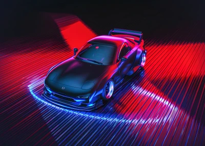 Mazda RX-7 vibrant sous des lumières néon