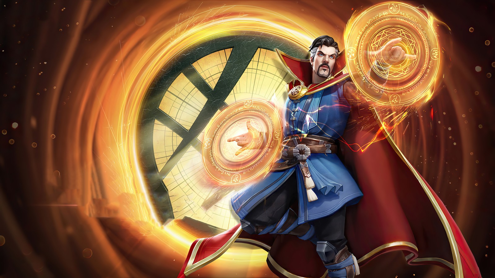 Un hombre en una túnica azul sosteniendo un disco dorado (doctor strange, cómics, marvel, super guerra)