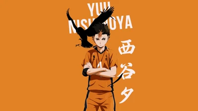 Yu Nishinoya : Œuvre d'art anime minimaliste audacieuse sur fond orange vif