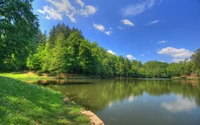 Reflexão serena do lago em meio à vegetação exuberante e céu azul