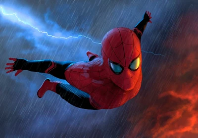 Illustration dynamique de Spider-Man s'envolant à travers un ciel orageux