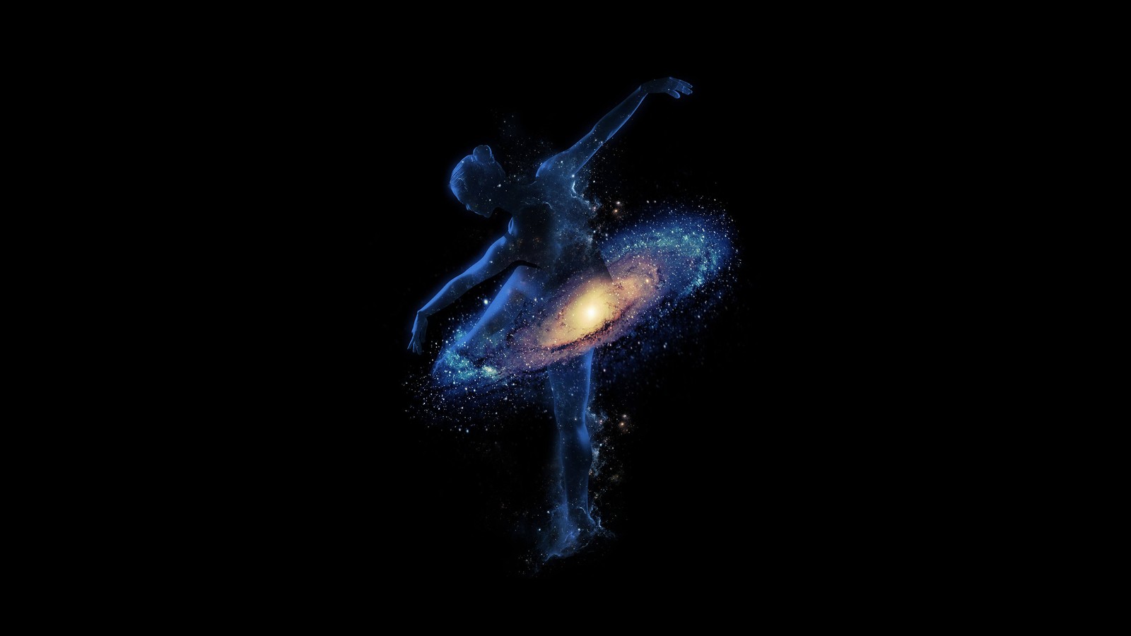 Un primer plano de una persona en el aire con una galaxia de fondo (galaxia, danza, niña, sueño, astronómico)