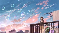 Fille d'anime profitant du lever du soleil avec des bulles flottantes