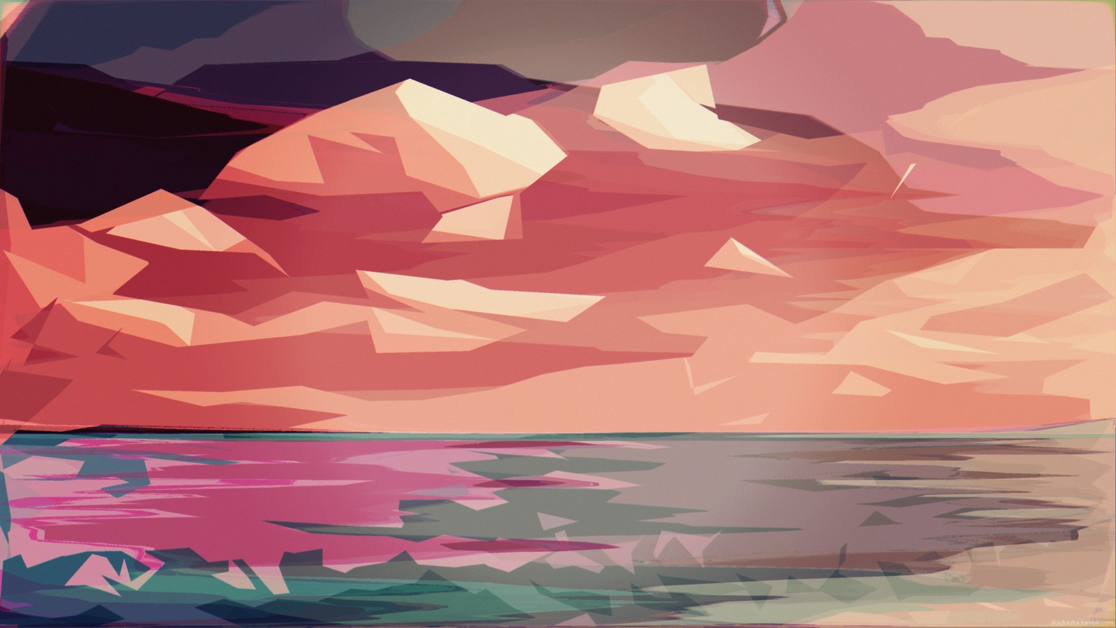 A painting of a mountain with a body of water in the foreground (polygon, abstract art, art, pink, cloud)