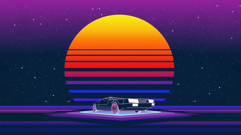 Машина припаркована на платформе перед закатом (ретровейв, retrowave, synthwave, машина, неон)