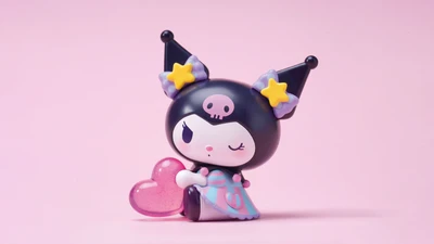 Kuromi segurando um coração rosa: estética de desenho animado fofa