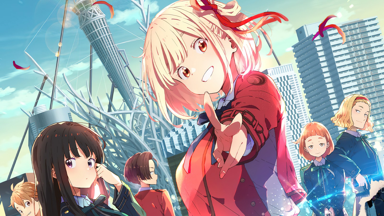 Un groupe de filles anime se tenant devant une ville (lycoris recoil, anime, personnages)