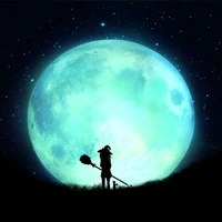 Silhouette Against a Glowing Harvest Moon in a Celestial Night Sky