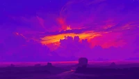 Coucher de soleil vibrant sur des ciels violets et un paysage en silhouette