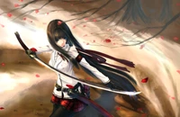 A fierce woman warrior with long brown hair in a hime cut, wielding a katana, stands poised in a dynamic pose amidst falling petals, embodying strength and elegance in a beautifully illustrated anime-style scene.